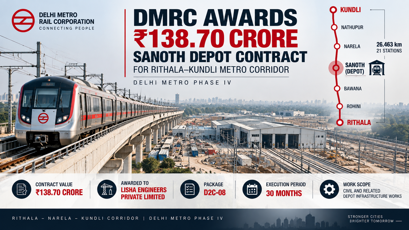 Rithala-Narela-Kundli Metro corridor showing Sanoth depot location